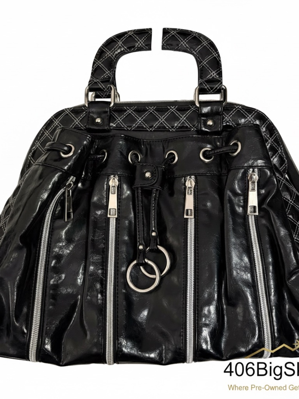 Nicole Lee Black Quilted-Trim Drawstring Tote with Silver Hardware